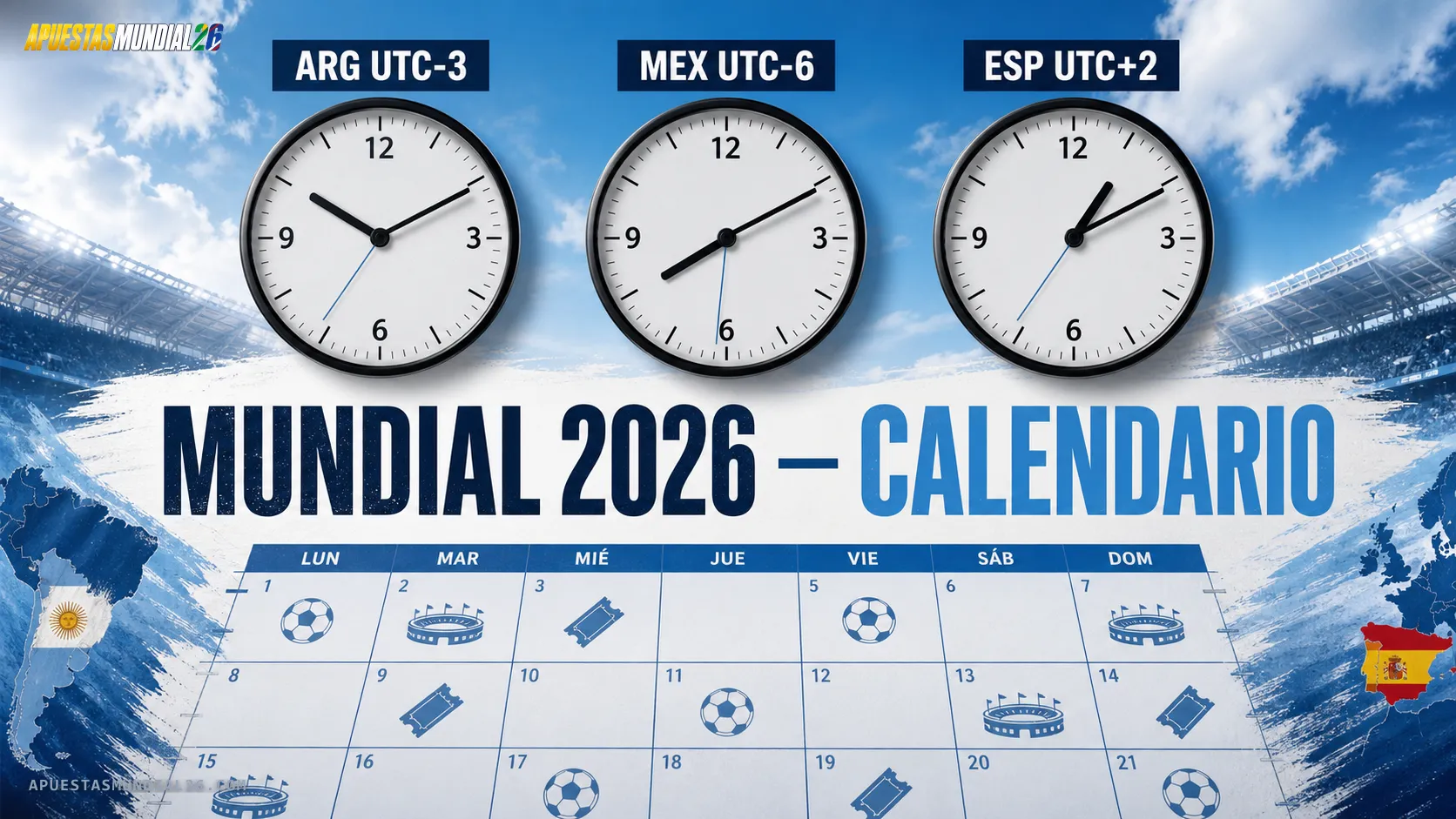 Calendario completo Mundial 2026 — horarios por país (Argentina, México, España)