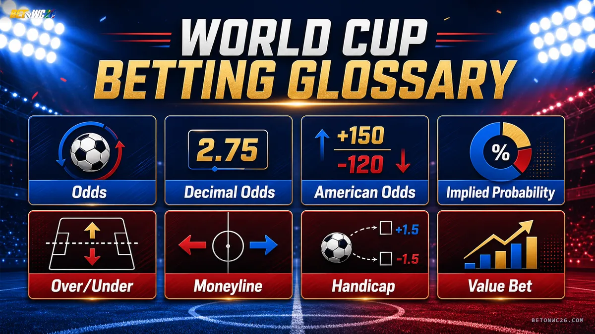 Stylised bet slip with World Cup fixture line, decimal odds and stake unit — illustrating the first-bet placement step