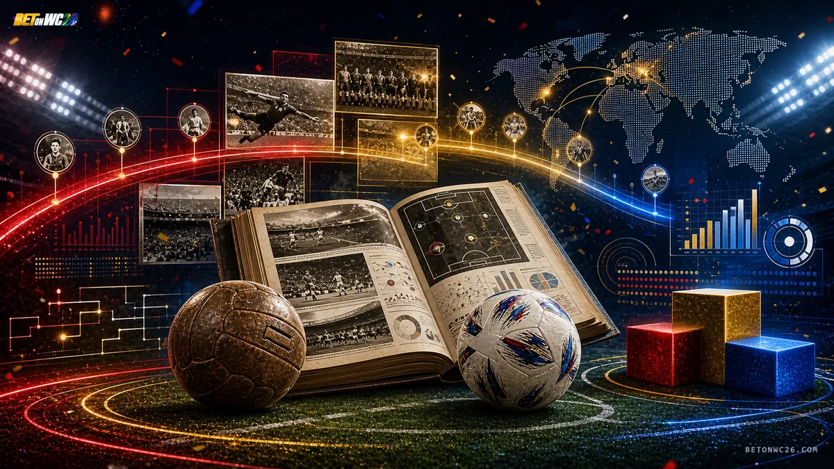 Sepia-toned timeline of most-titled nations — abstract gold-cup ornaments stacked beside flags-as-colour accents for Germany, Italy, Brazil, France, Argentina